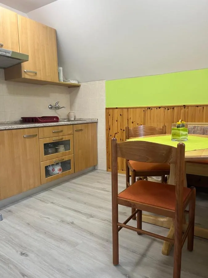 Kuhinja z jedilno mizo in leseno oblogo v Oranžnem apartmaju